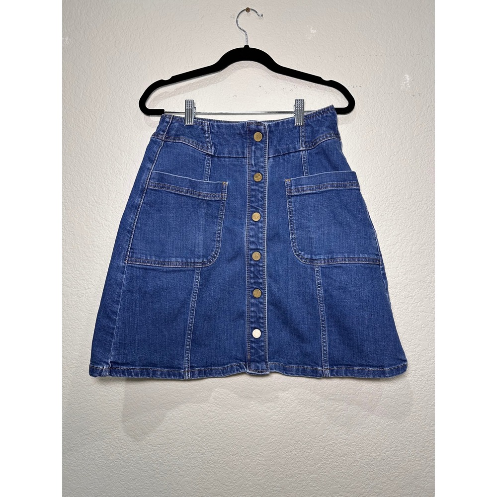 Boden Denim Button Front‎ A Line Skirt Medium Wash Pockets Size 10